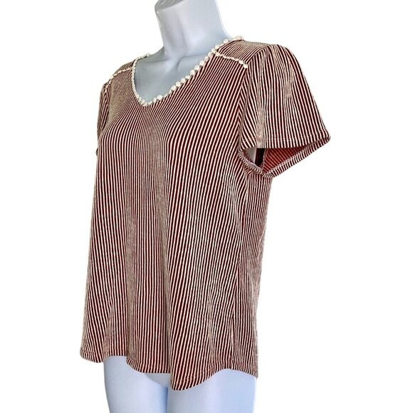 Ava James Brown White Vertical Striped Short Sleeve Top Women's Medium NEW - Picture 4 of 8